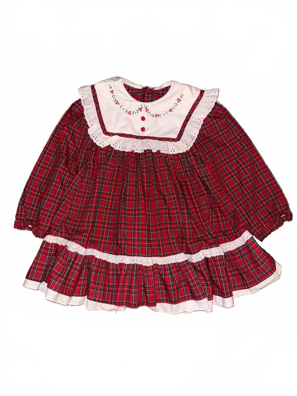 Vintage Girls Red Plaid Christmas Dress with Embroidered Bib & Eyelet Lace
